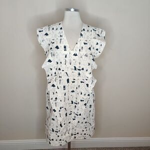 V-Neck Ruffle Midi Dress in White with Navy Print